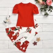 lovely Trendy O Neck Print Red Girl Two-piece Pant