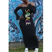 lovely Casual Dew Shoulder Letter Print Black Maxi