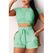 lovely Sportswear Patchwork Green Two-piece Shorts
