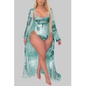 Lovely Plus Size Print Cyan One-piece Swimsuit(Wit