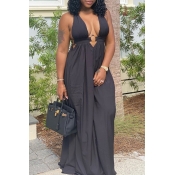 LW Bohemian Deep V Neck Backless Black Maxi Dress