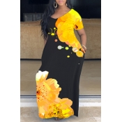 Lovely Plus Size Casual V Neck Print Yellow Ankle 