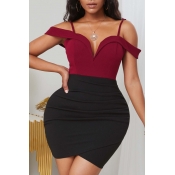 lovely Trendy Patchwork Wine Red Mini Dress