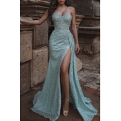 lovely Party Side High Slit Light Green Maxi Dress