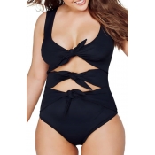 lovely Cut-Out Knot Design Black Plus Size One-pie