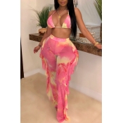 LW Plus Size Print Ruffle Design Pink Two-piece Sw