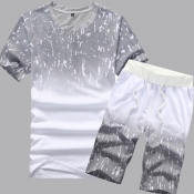 Lovely Men Casual O Neck Print Grey Two-piece Shor