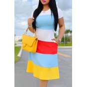 Lovely Casual O Neck Striped Multicolor Knee Lengt