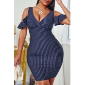 lovely Stylish Striped Hollow-out Blue Mini Dress