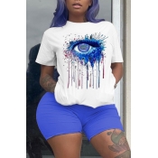 lovely Leisure O Neck Eye Print Blue Plus Size Two