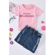 lovely Leisure O Neck Letter Print Pink Girl Two-p