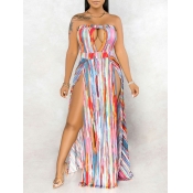 lovely Sexy Striped Hollow-out Pink Maxi Dress