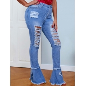 LW Stylish Broken Holes Torn Edges Deep Blue Jeans