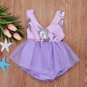 lovely Sweet O Neck Cartoon Print Purple Girl Mini