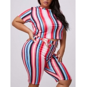 lovely Casual O Neck Rainbow Striped Plus Size Two