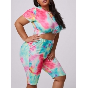 lovely Casual O Neck Tie-dye Multicolor Plus Size 