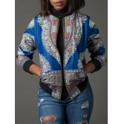 lovely Trendy Print Zipper Design Baby Blue Coat