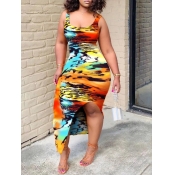 LW Trendy U Neck Print Orange Ankle Length Dress