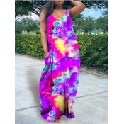 Lovely Leisure V Neck Tie-dye Purple Maxi Dress