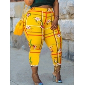 Lovely Casual Plants Print Yellow Plus Size Pants