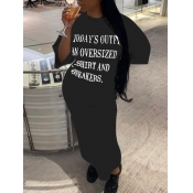 Lovely Casual O Neck Letter Print Black Ankle Leng