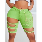 lovely Street Hollow-out Grass Green Denim Shorts