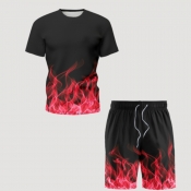 Men lovely Casual O Neck Print Red Two-piece Short