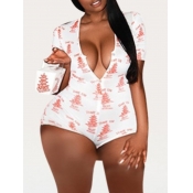 lovely Trendy V Neck Print White Plus Size One-pie