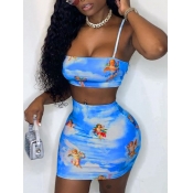 lovely Sexy Spaghetti Strap Print Blue Two Piece S