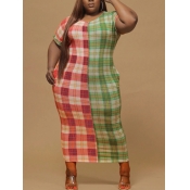 lovely Casual O Neck Patchwork Grid Print Green Mi