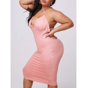 lovely Stylish Backless Pink Mid Calf Plus Size Dr