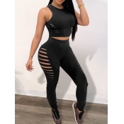 Lovely Sportswear Tear Hollow-out Black Two Piece 