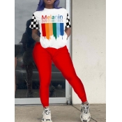 LW Casual O Neck Rainbow Print Patchwork Red Two P