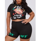 lovely Casual Lip Print Black Plus Size Two-piece 