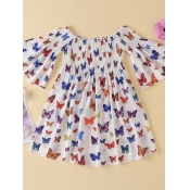 lovely Sweet Butterfly Print White Girl Knee Lengt