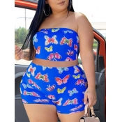 Lovely Stylish Butterfly Print Blue Plus Size Two-