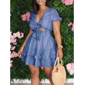 LW Sweet Striped Print Knot Design Blue Mini Dress