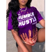 Lovely Casual O Neck Letter Print Purple T-shirt