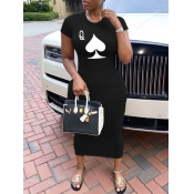 LW Casual O Neck Print Black Mid Calf Dress