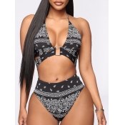 lovely Cut-Out Print Black Two Piece Swimsuit
