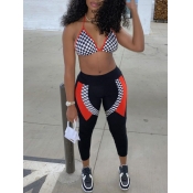 lovely Sportswear Backless Print Patchwork Black T