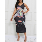 Lovely Street Print Black Mid Calf Dress