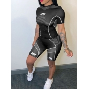 lovely Sportswear Print Patchwork Black Two-piece 