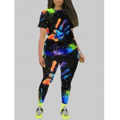 LW Plus Size Round Neck Splash-ink Design Pants Se