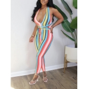 lovely Trendy Backless Rainbow Striped Red One-pie