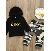 lovely Street Hooded Collar Letter Camo Print Blac