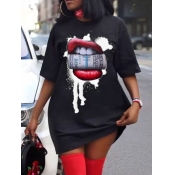 LW Plus Size Casual O Neck Lip Print Black Mini T-