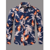 lovely Stylish Turndown Collar Print Blue Shirt