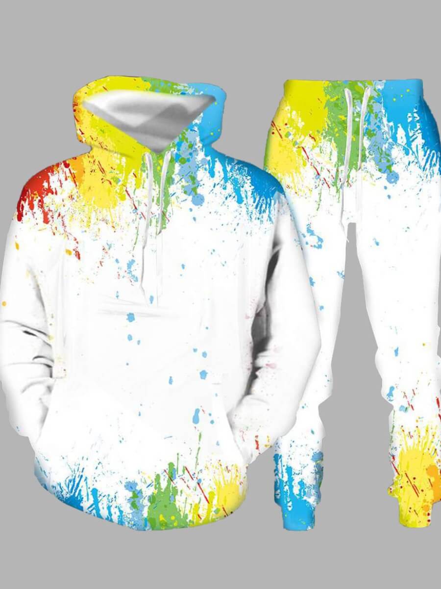LW Men Splash-ink Kangaroo Pocket Sweatsuit Set