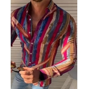 lovely Stylish Turndown Collar Striped Print Wine 